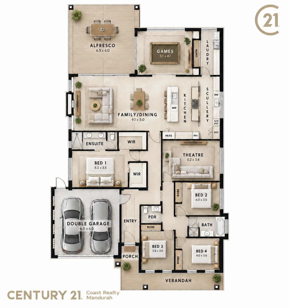 Floor plan of 15 Rapallo Grove: double garage, entry and porch at the front; master suite with ensuite and two walk-in robes; theatre; bedrooms 2 to 4 with bathroom and powder room; open family, dining and kitchen with scullery; games room, laundry and alfresco at the rear